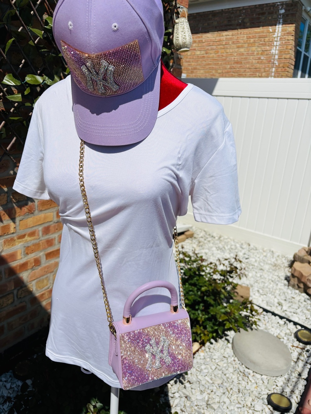 Lavender Rhinestone NY-Inspired Baseball Cap and Mini Bag Set - Picture 2 of 12